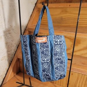 Paper Wings Denim/Chambray Batik Owl Print  Small Fabric Tote